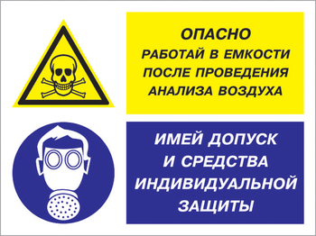 Кз 90 опасно - работай в емкости после проведения анализа воздуха. имей допуск и средства индивидуальной защиты. (пленка, 600х400 мм) - Знаки безопасности - Комбинированные знаки безопасности - Магазин охраны труда и техники безопасности stroiplakat.ru